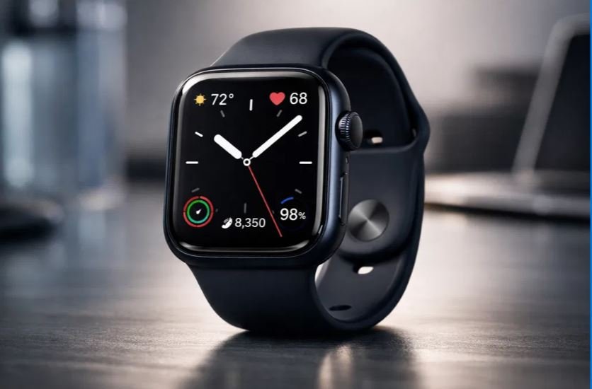 "Close-up studio shot of the Apple Watch Series 9 in Midnight Aluminum on a wooden surface. The display shows a black analog watch face with complications for temperature (72°), heart rate (68 BPM), and daily activity progress (8,350 steps)."