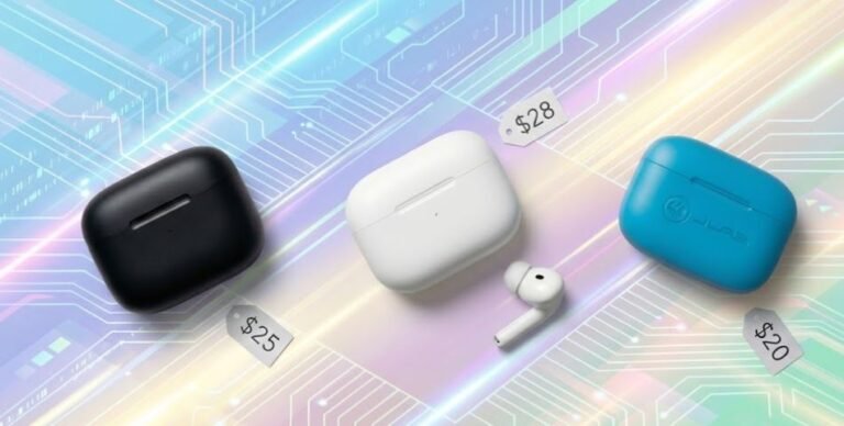 Three wireless earbuds in black, white, and blue with prices $25, $28, and $20 on a futuristic digital background