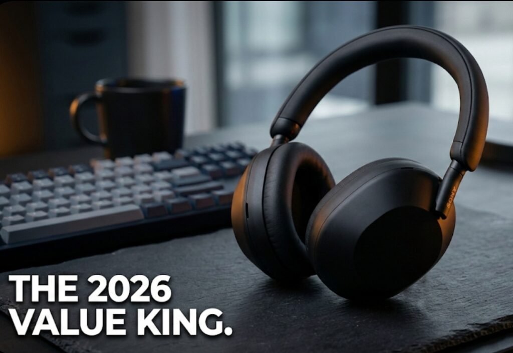 A close-up photograph of black Sony WH-1000XM5 headphones resting on a dark slate mat on a desk. In the softly blurred background are a mechanical keyboard, a black coffee mug, and a desk lamp. Bold white text in the bottom left corner reads, "THE 2026 VALUE KING.