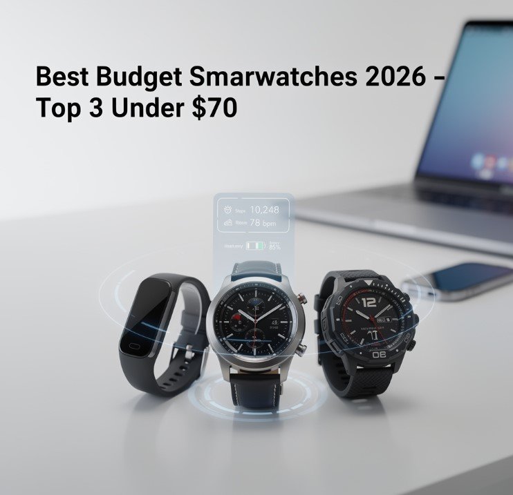 Three budget smartwatches for 2026 including a fitness band, a classic leather strap smartwatch, and a rugged sports watch displayed on a desk.