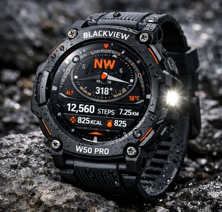 Blackview W50 Pro rugged smartwatch with a durable case displaying outdoor tracking features