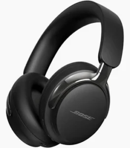 Bose QuietComfort Ultra wireless noise-cancelling headphones in Black, resting on a clean surface showing the sleek, professional design and plush ear cushions.