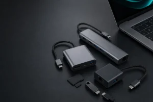 Several USB-C hubs and laptop connectivity accessories on a desk