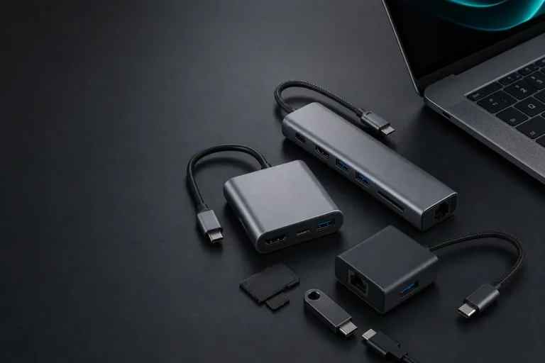 Several USB-C hubs and laptop connectivity accessories on a desk
