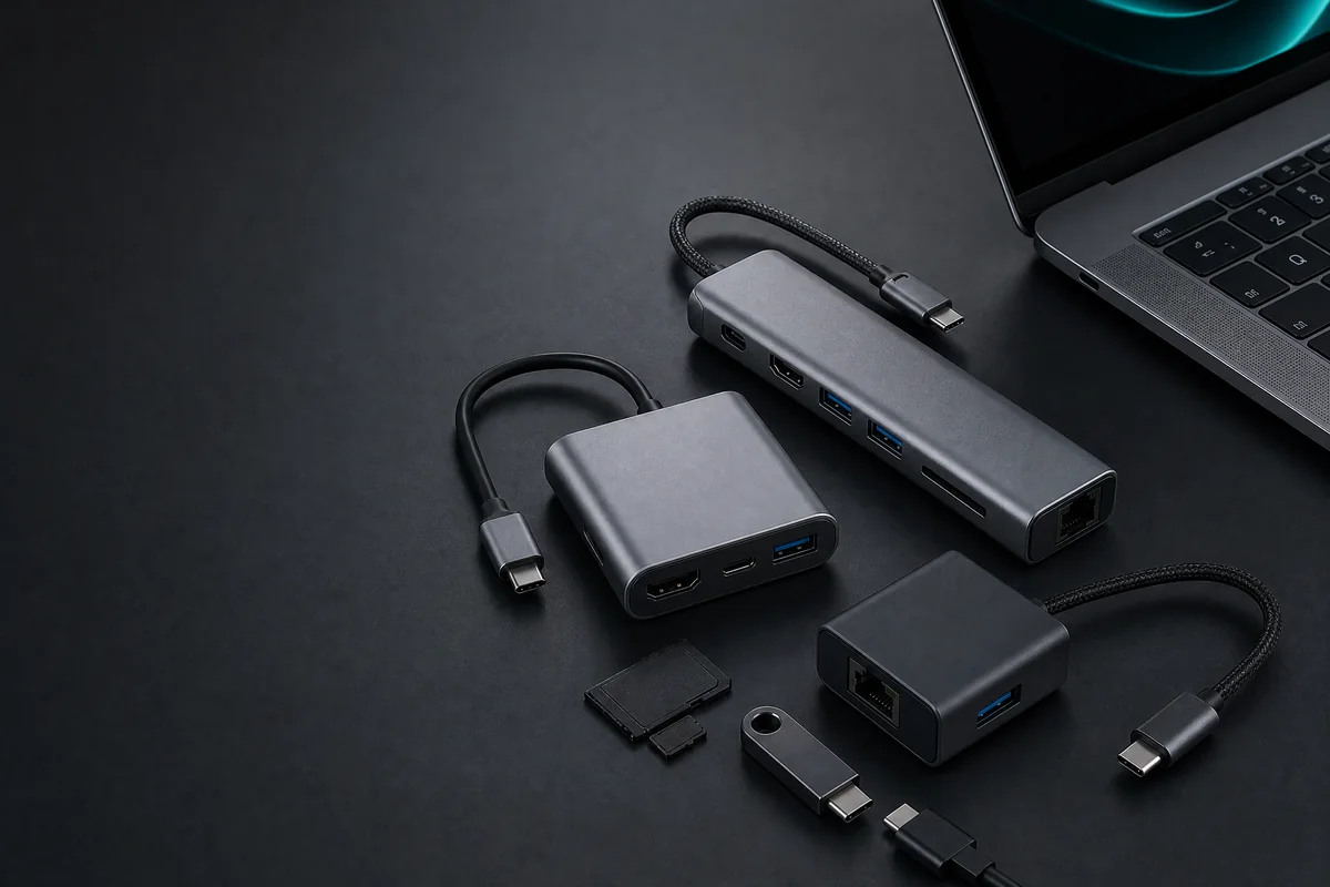 Several USB-C hubs and laptop connectivity accessories on a desk