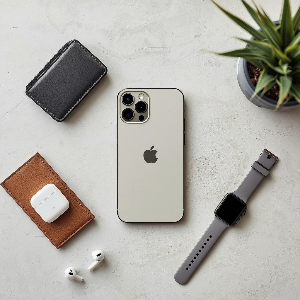 Minimalist workspace flat lay featuring an iPhone, Apple Watch, AirPods Pro, and leather cardholders.