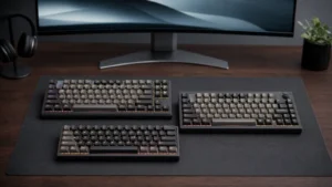 Three mechanical keyboards arranged on a modern desk setup