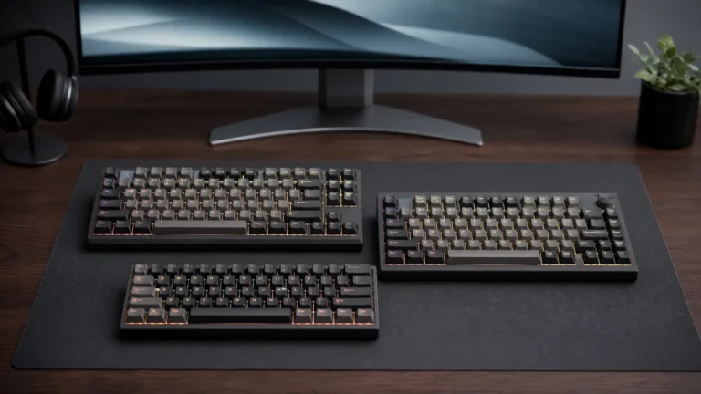 Three mechanical keyboards arranged on a modern desk setup