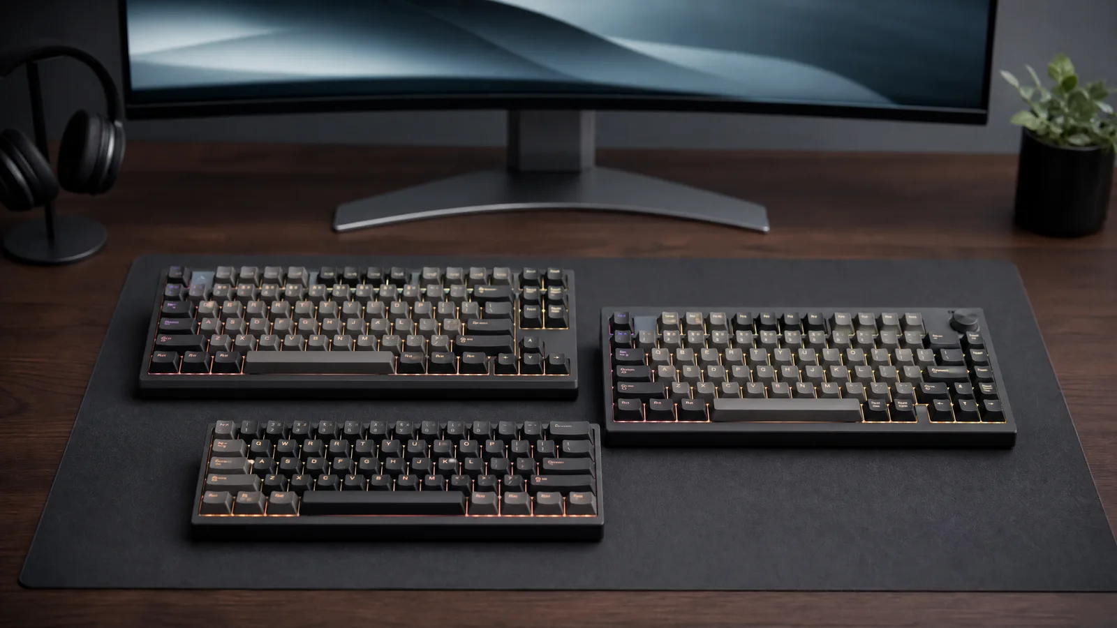 Three mechanical keyboards arranged on a modern desk setup